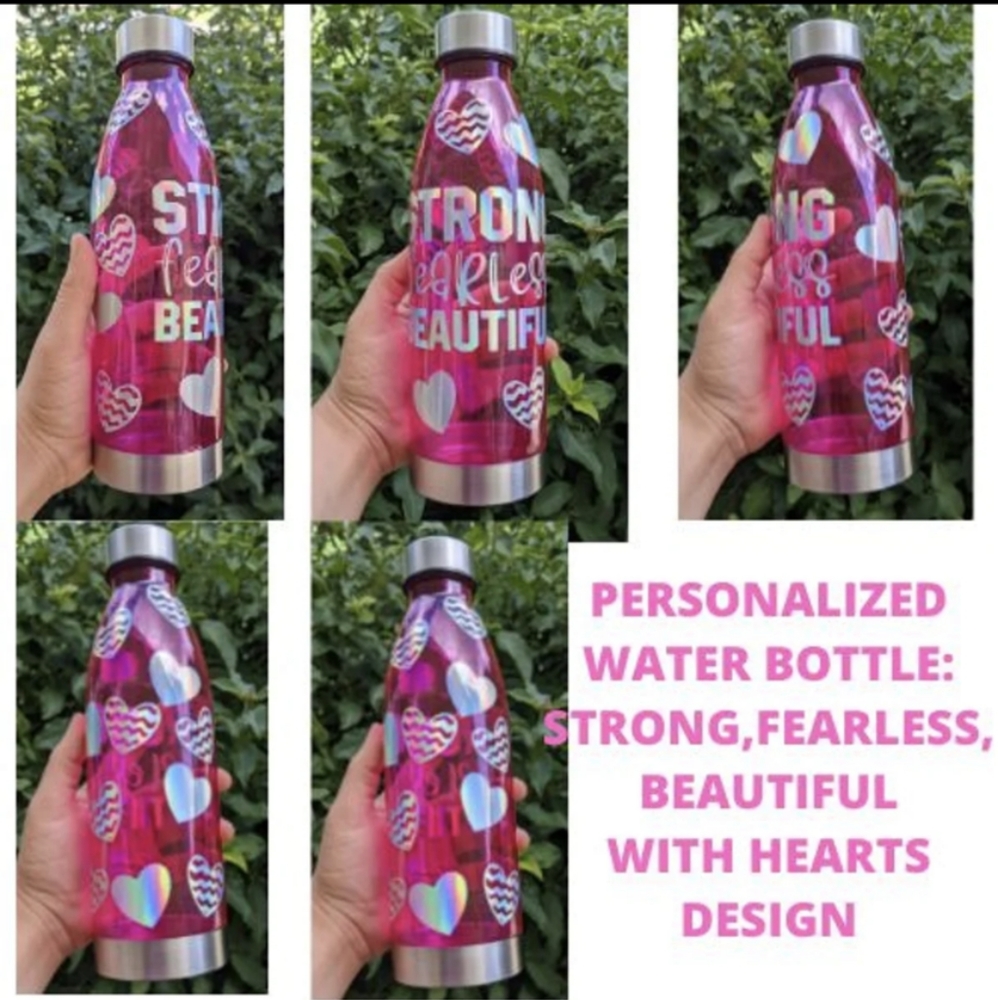 Pink Personalized 22oz. BPA FREE Holographic Heart Design Water Bottle